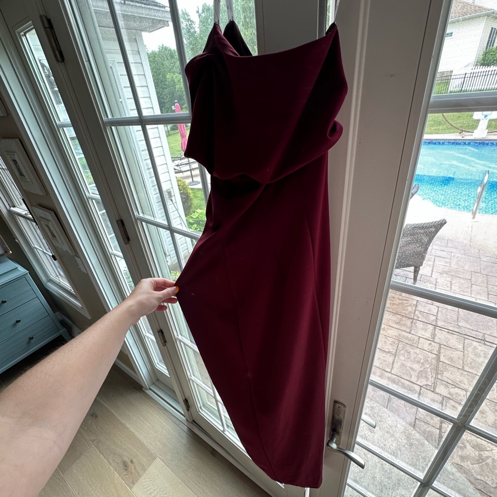 David's Bridal Red Asymmetrical One Shoulder Gown - Picture 3 of 5